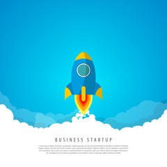 Business startup concept. Rocket in the clouds
