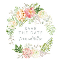 Wedding wreath Save the date. Pink flowers and green leaves. Watercolor vector illustration. Summer forest greenery bouquets.
