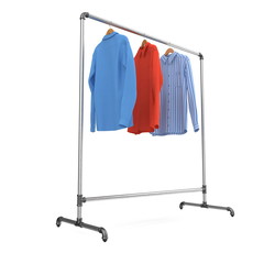 Metall Clothing Display Rack with Shirts on white. 3D illustration