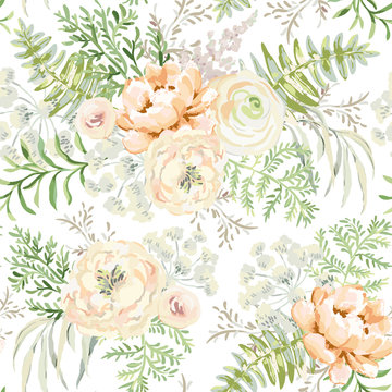 Blush apricot spring bouquets on the white background. Watercolor vector seamless pattern with delicate flowers. Peony, ranunculus, fern and light green leaves. Romantic illustration.
