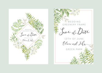 Wedding greenery diamond frame Save the date. Green leaves. Vector illustration. Floral arrangements. Forest foliage. Fern. Design template greeting card. Invitation background.