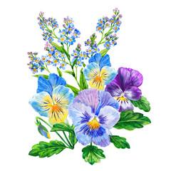 Bouquet of colorful violets and forget-me-nots. Watercolor.