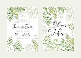 Wedding greenery frame Save the date. Green leaves. Vector illustration. Floral arrangements. Forest foliage. Fern. Design template greeting card. Invitation background. © ojardin