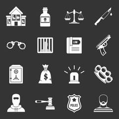 Crime and punishment icons set grey vector
