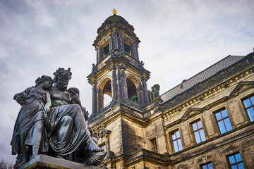 Historic architecture in the old town of Dresden, Germany / Higher regional court and Statue 
