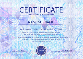 Certificate with light background. Design template with blue guilloche, abstract pattern (fine lines) watermark. Background useful for Diploma, business education award