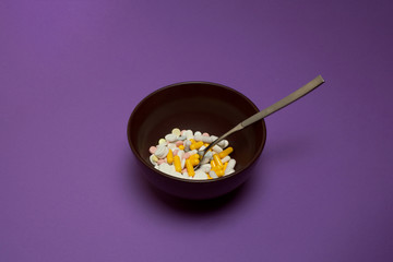 Breakfast of tablets in a bowl.