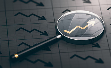 3D illustration of a magnifying glass over a golden positive chart symbol. Concept of investing opportunities and excellent investment. - obrazy, fototapety, plakaty