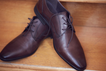 men's leather shoes Brown wooden parquet