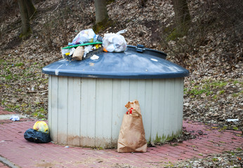 Überfüllter Müllcontainer auf dem Rastplatz einer Autobahn