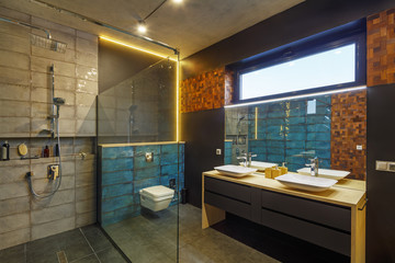 bathroom interior with a washstand; toilet bowl; bath and shower