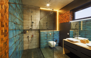 bathroom interior with a washstand; toilet bowl; bath and shower