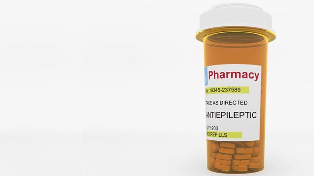Antiepileptic pills in a prescription bottle. Conceptual 3D animation