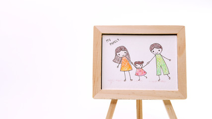 Close Up Colorful Cartoon Happy My Family Drawing by Color Pencil on Wooden Board on White Background 2