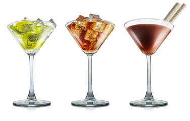 Set of chocolate, mojito and tonic cocktail or mocktail in martini glass isolated on white background. Clipping path