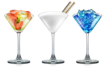 Set of milk, mojito and blue curacao cocktails in martini glass isolated on white background. Clipping path