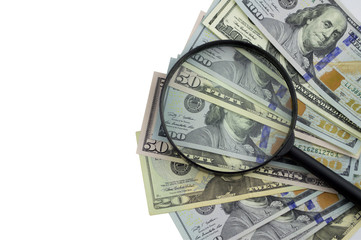 dollar banknote under magnifying glass.one hundred and fifty dollars banknotes isolated on white background