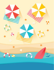 top view beach background with umbrellas,balls,swim ring,starfish and sea, paper cut and craft style, vector