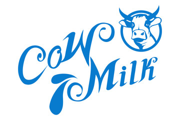Milk logo. Healthy drink. Lettering. Milk is a nutritious liquid. Ecologically pure natural cow milk and dairy products.