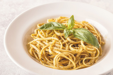 Pasta with homemade pesto sauce.