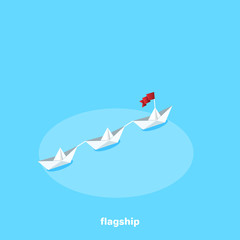 a flotilla of paper ships sails headed by the flagship in the given direction, an isometric image