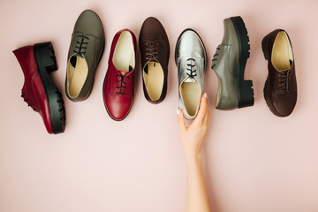 Stylish female spring or autumn shoes in various colors. Beauty and fashion concept. Flat lay, top...
