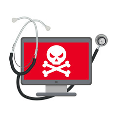 Сomputer virus. Virus destroying computer. Skull on the screen. Vector virus character.