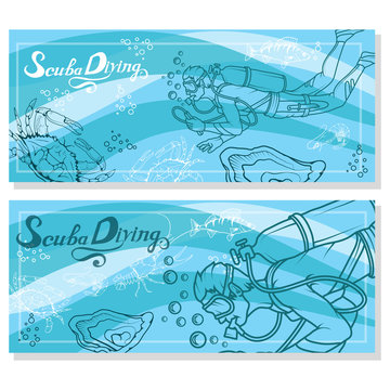 Set of Scuba diving logo. Diver with scuba . Scuba-diving. Vector diver character.