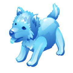 Stylized dog cub figure made of ice, cartoon, isolated. Blue image of mythical animal for decoration. Image in cartoon style for games and other design needs. Vector illustration isolated on white
