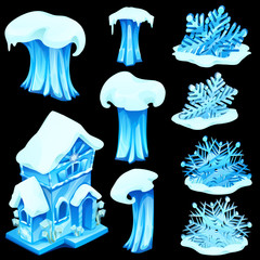 Set of ice figurines isolated on black background. Blue wave images at different stages, snowflakes and house. Vector illustration in cartoon style