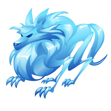Stylized wolf figure made of ice. Blue image of mythical animal for decoration. Image in cartoon style for games and other design needs. Vector illustration isolated on white