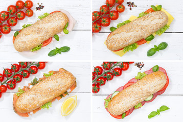 Baguette Vollkorn Brötchen Collage Schinken Salami Käse Fisch von oben auf Holzbrett