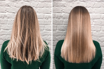 Sick, cut and healthy hair. Hair before and after treatment.