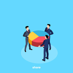 men in business suits hold a circular chart, an isometric image