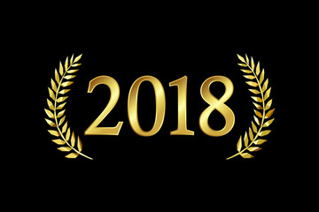 Obraz premium 2018 A Happy New Year, merry xmas greetings with palms framed. Luxurious isolated golden round awards sign 20, 1, 8, 18, 21 and 28 numbers. Stained glass branches template on dark black background.