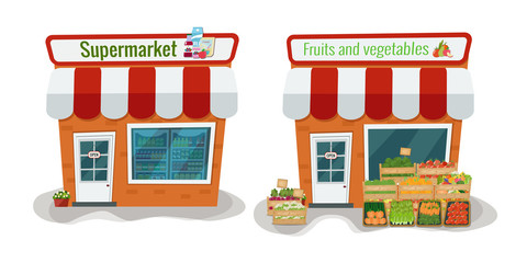 Vector illustration of supermarket and fruits and vegetables store. Flat design.