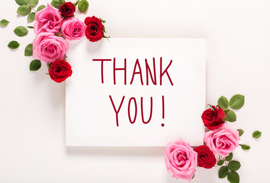 Thank You message with roses and leaves top view flat lay