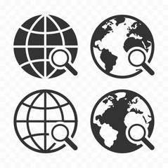 Globe with magnifying glass icon set. Planet earth and magnifier. Search concept icons.