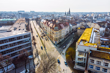 winter view of european city. birds eye view.