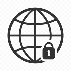 Globe icon and a padlock. Web browsing safety icon. Secured, protected network.