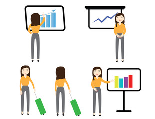 Set of vector businesswoman on white background. woman standing back and front view
