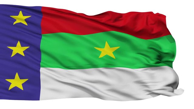 Vitoria da Conquista flag, city of Brasil, realistic animation isolated on white seamless loop - 10 seconds long (alpha channel is included)