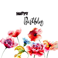 Decorative summer flowers with title Happy Birthday