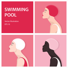 Female profile set. African, Asian and European girls in a rubber caps for the swimming pool. Vector Flat Illustration