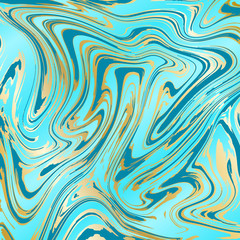Abstract background, vector marble texture imitation. Marbleized pattern vector. Wedding invitation template with liquid ink background. Turquoise teal blue and gold streaks marble texture effect.