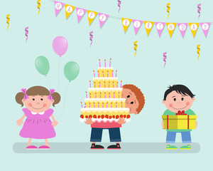 Children at the Birthday party. There is a boy with a big cake, a girl in a pink dress with balloons and another boy with a gift in the picture. There are also flags with the text 