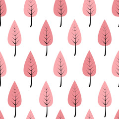 Cartoon Pink trees in a row, seamless pattern. Doodle forest or garden on a white background. Modern seamless pattern for cards, wallpapers, and textile