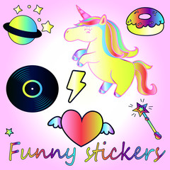 Bright fairy children's stickers. Neon stylish stickers - a unicorn, rainbow and others.