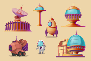 Vector mars colonization cartoon set. Spaceship, shuttle, rocket, mars rover - bulldozer, different bases, colony buildings. Futuristic technology, sci-fi construction, exploration of space © vectorpocket