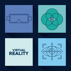Icon set of virtual reality concept over colorful squares and blue background, vector illustration